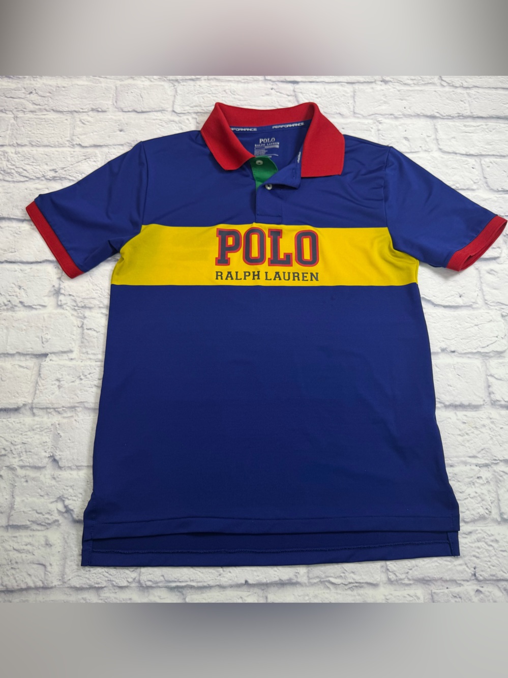 Polo Ralph Lauren Colorblock Polo - Blue & Yellow with Red Trim. Boys Size L
